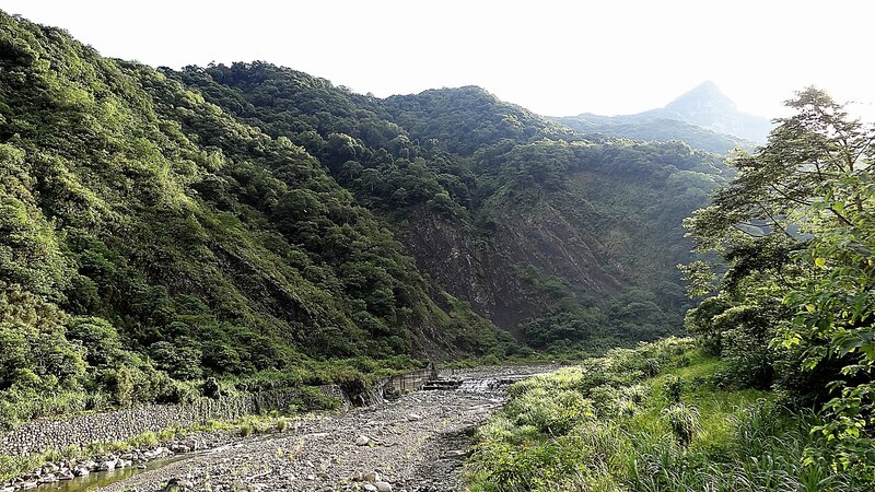 River Valley Landscape — Green, Serene, Afternoon, Photograph, Mountains, Trees, Gray