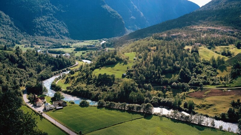 River Valley Landscape — Green, Serene, Afternoon, Photograph, Mountains, Village, Fields