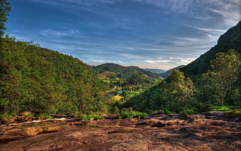 River Valley Landscape — Green, Serene, Afternoon, Photograph, Trees, Mountains