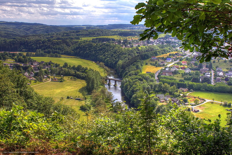 River Valley Landscape — Green, Serene, Afternoon, Photograph, Village, Bridge