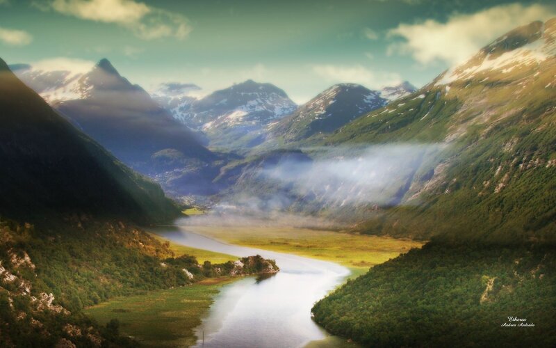 River Valley Landscape — Green, Serene, Morning, Digital Art, Mountains, Fog