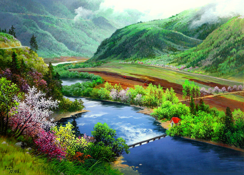 River Valley Landscape — Green, Serene, Spring, Painting