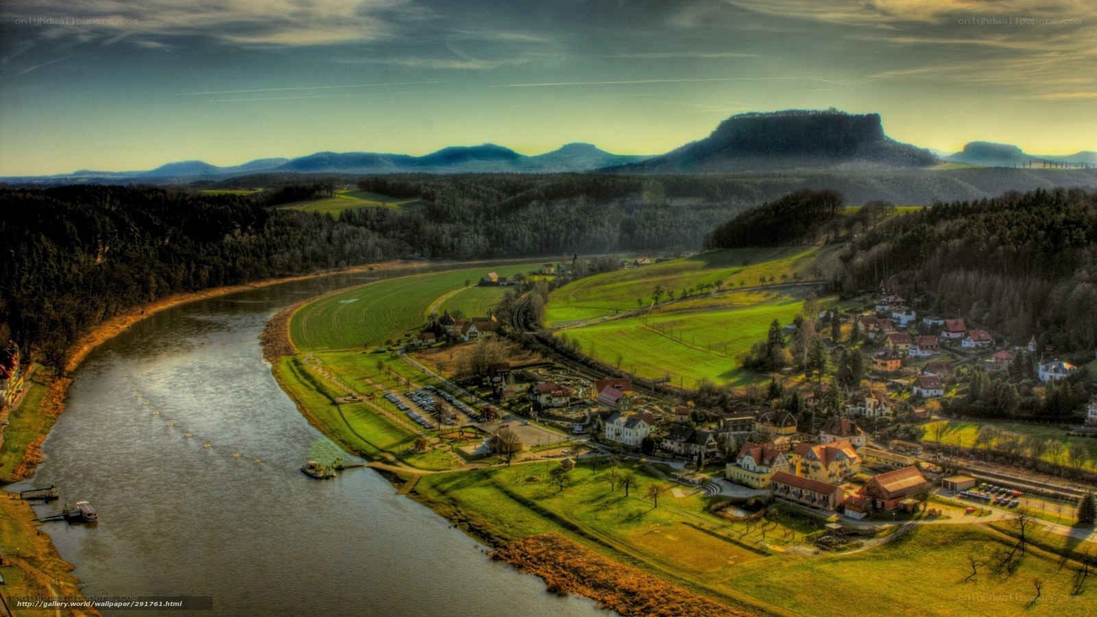 River valley landscape with village