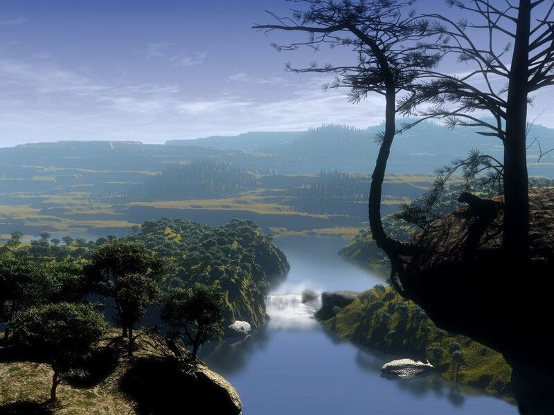 River valley landscape with waterfall