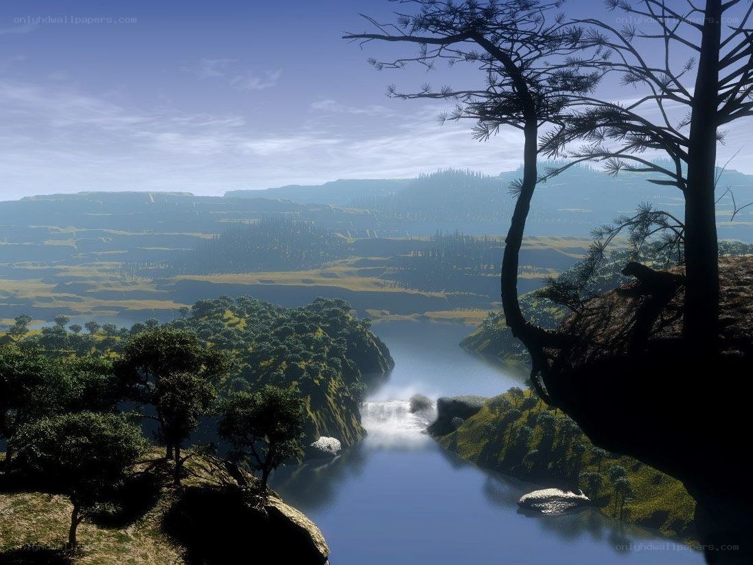 River valley landscape with waterfall