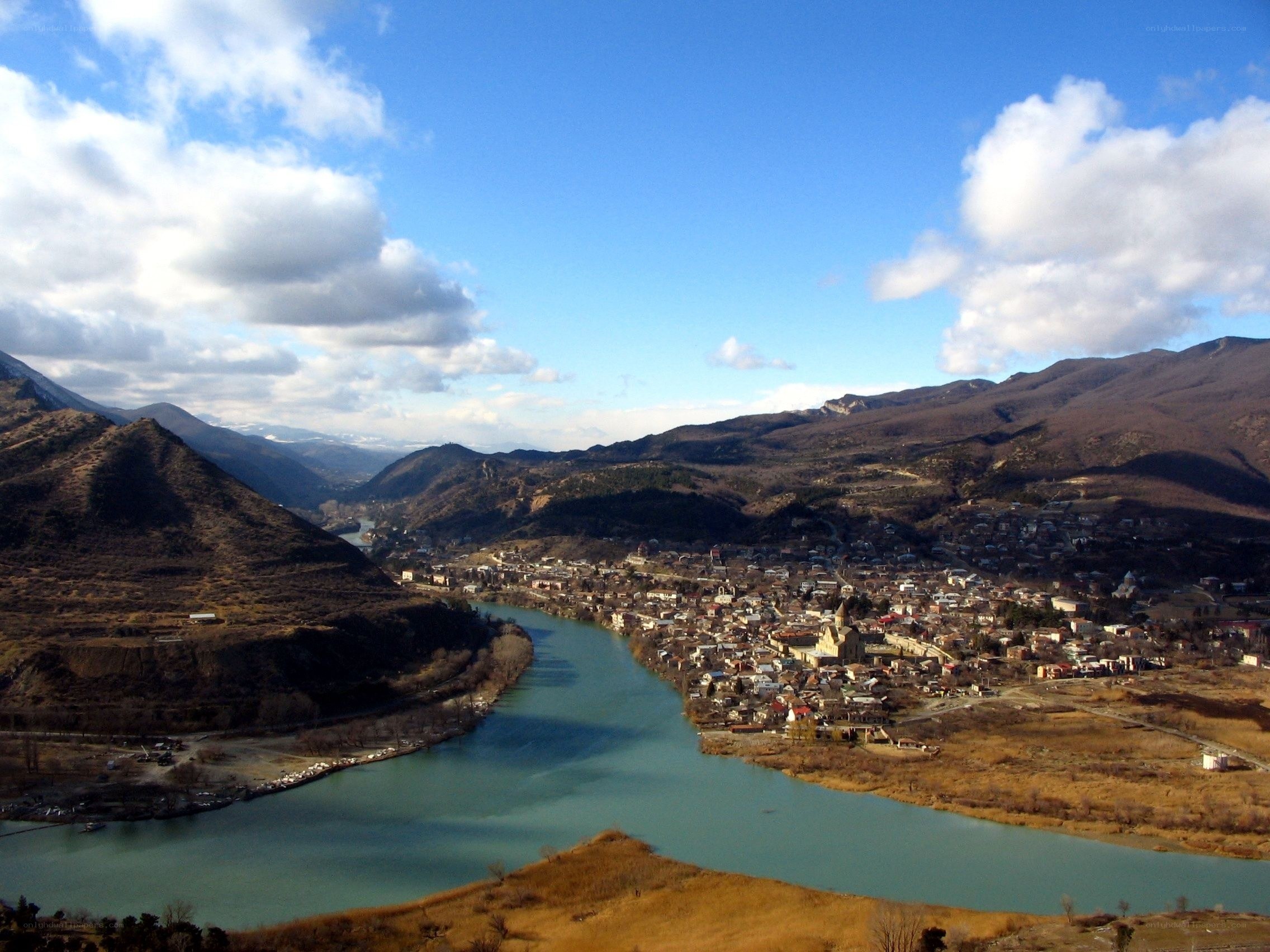 River valley town in mountains