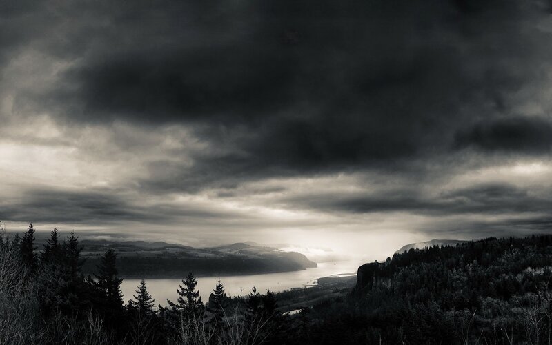River Valley under Storm Clouds — Gray