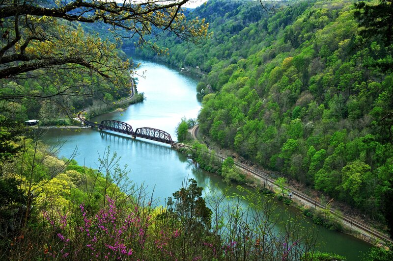 River Valley with Bridge — Green, Serene, Spring, Photograph, Train Tracks