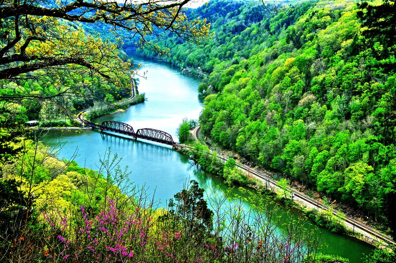 River Valley with Bridge — Green, Serene, Spring, Photograph, Train Tracks, Trees
