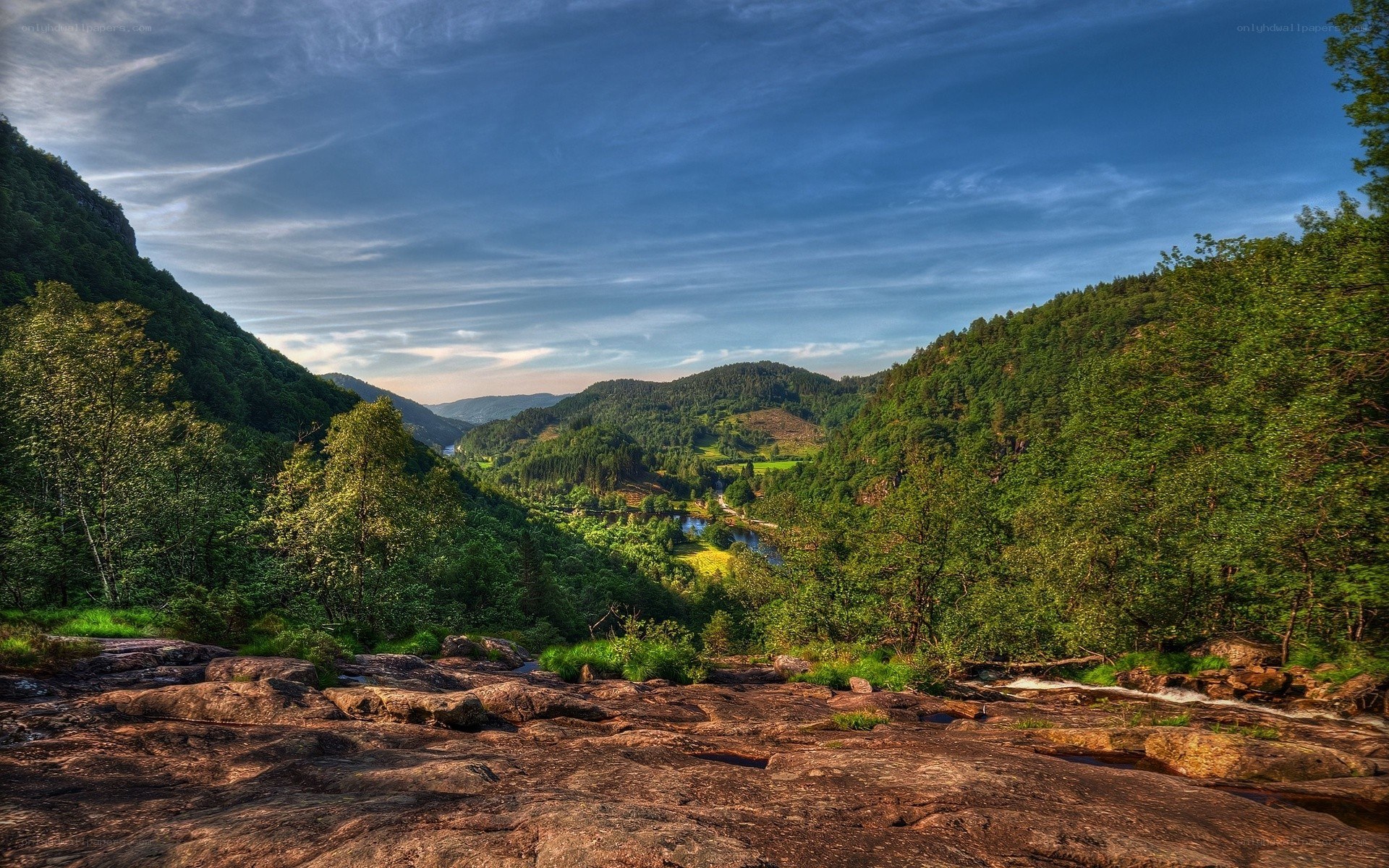 River valley with forested hills