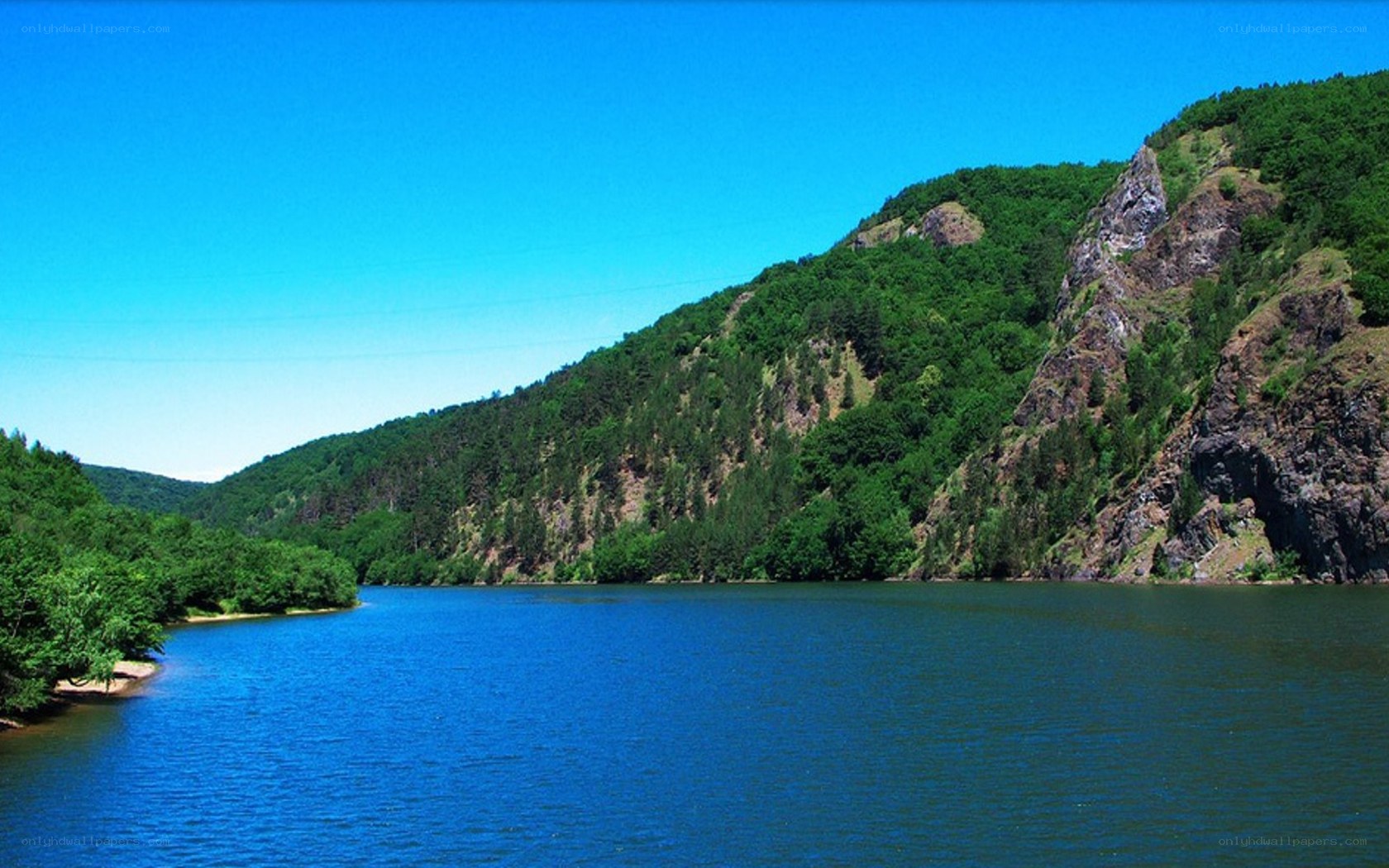 river valley with forested hills