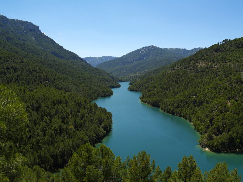 river valley with forested mountains