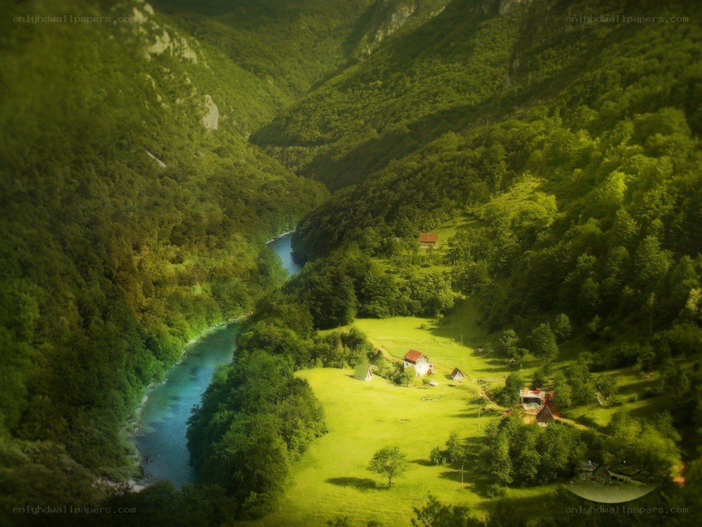 River valley with green hills