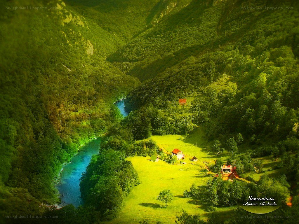 River valley with green hills