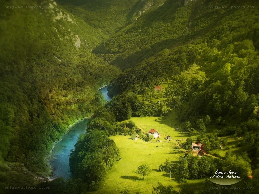 River valley with green hills