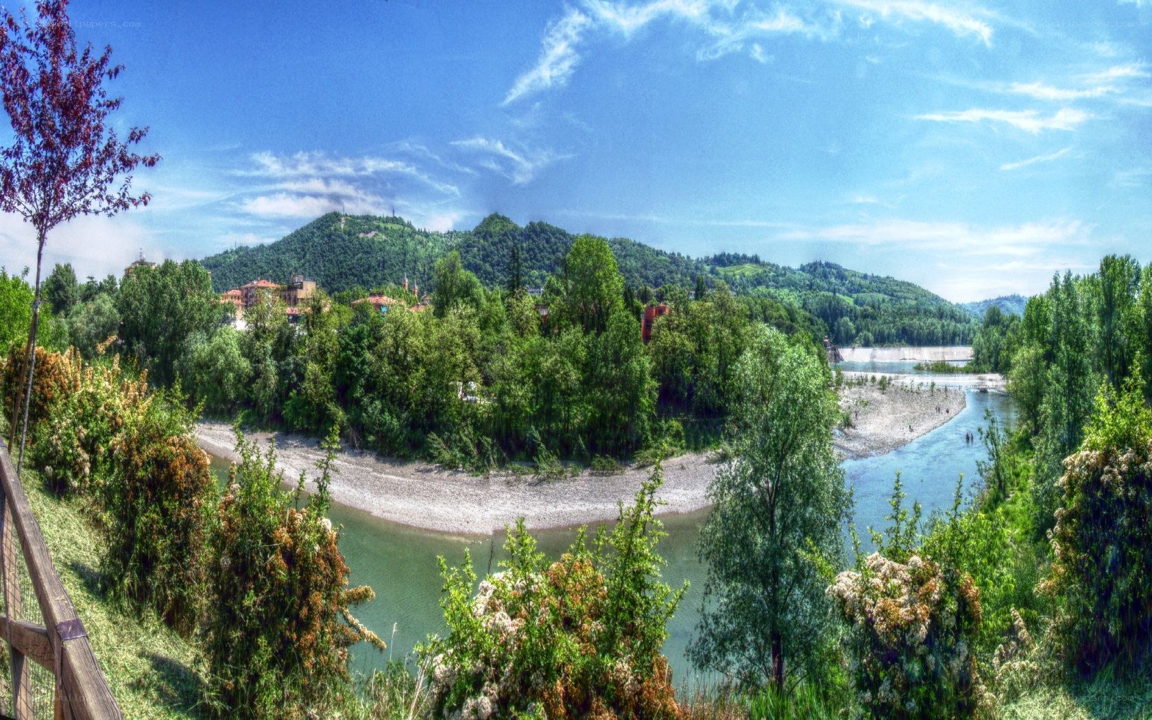 River valley with hills and town