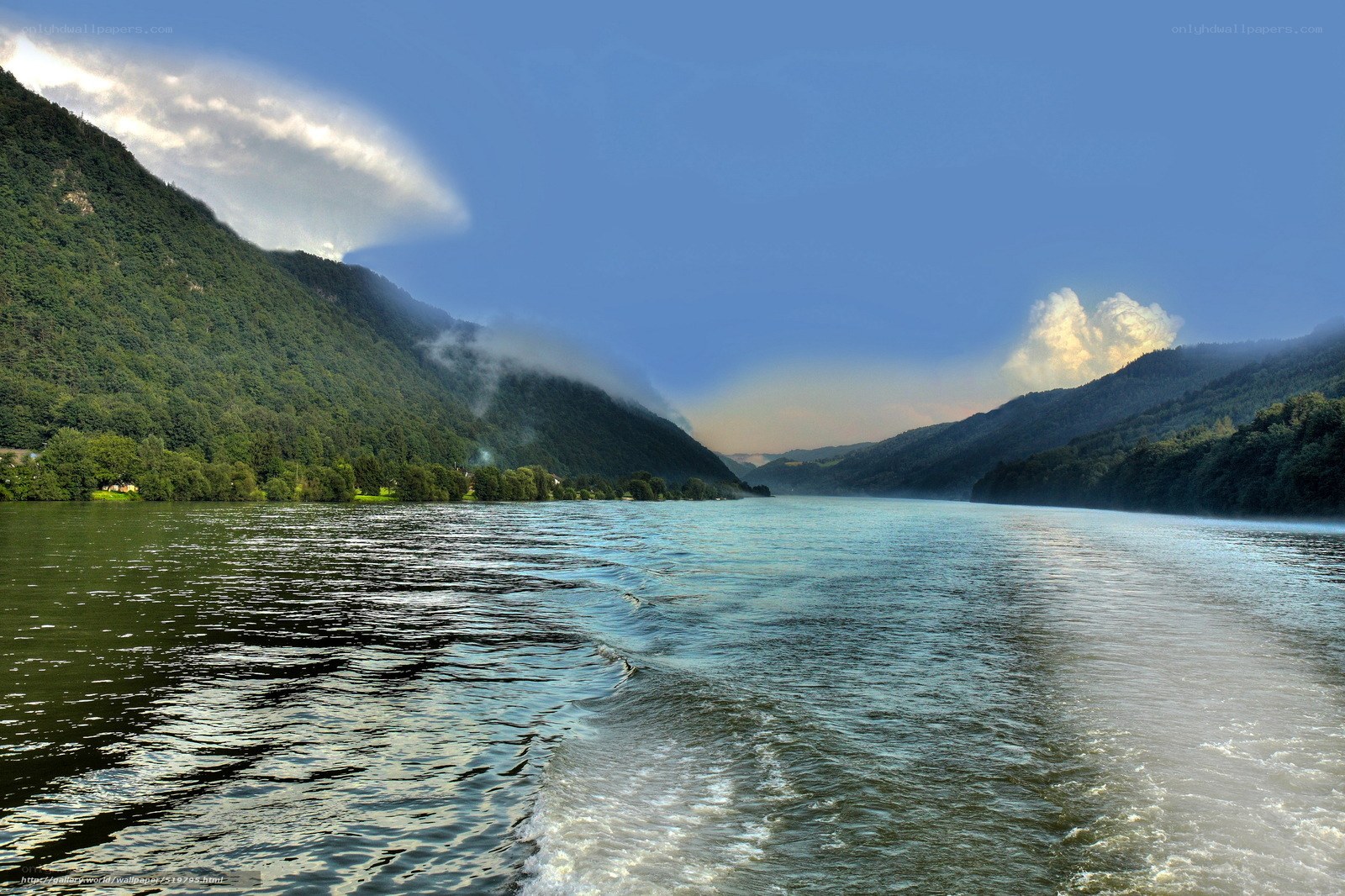 River valley with misty mountains