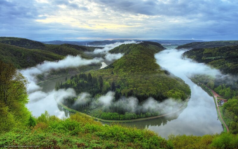River valley with morning fog