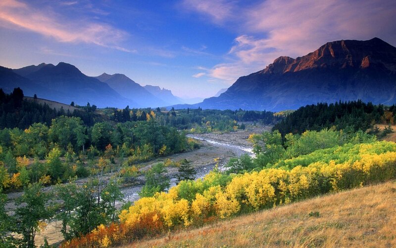 River Valley with Mountains — Blue, Serene, Sunset, Photograph
