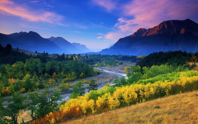 River Valley with Mountains — Blue, Serene, Sunset