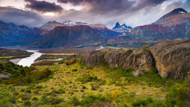 River Valley with Mountains — Green, Dramatic, Afternoon, Photograph, Clouds