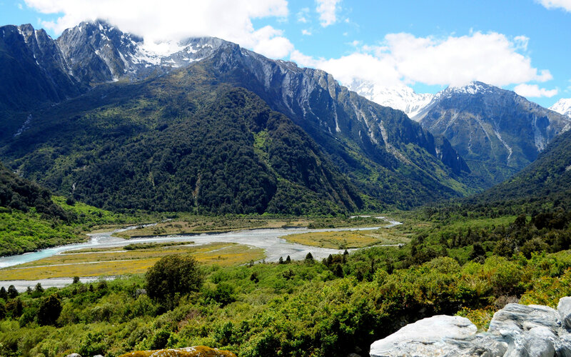 River Valley with Mountains — Green, Serene, Afternoon
