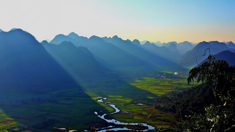 River Valley with Mountains — Green, Serene, Morning