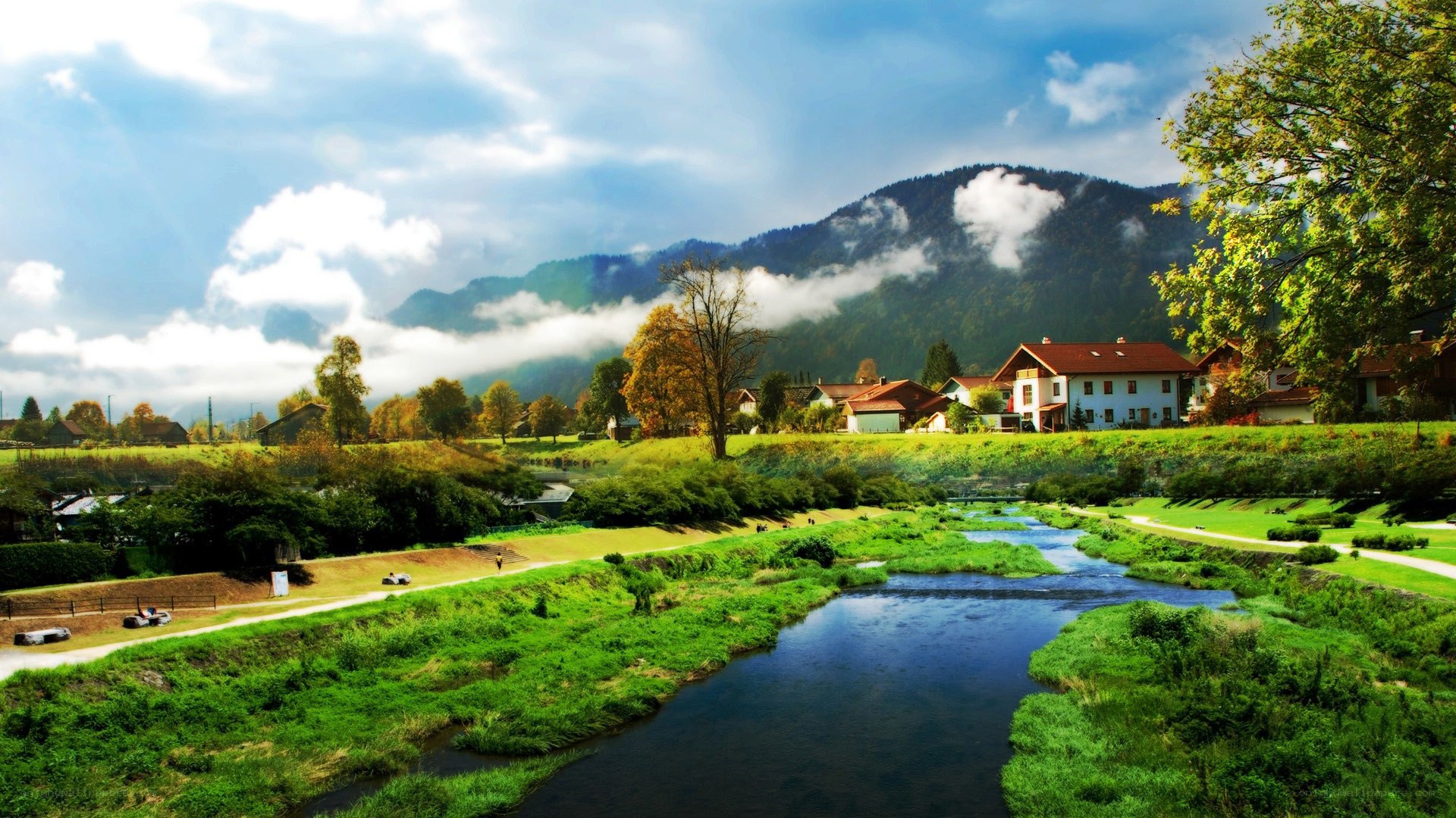 River valley with mountains in autumn