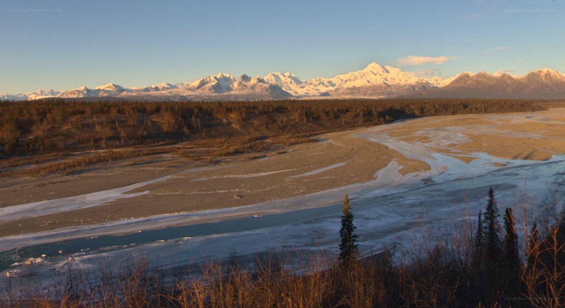 river valley with snow-capped mountains
