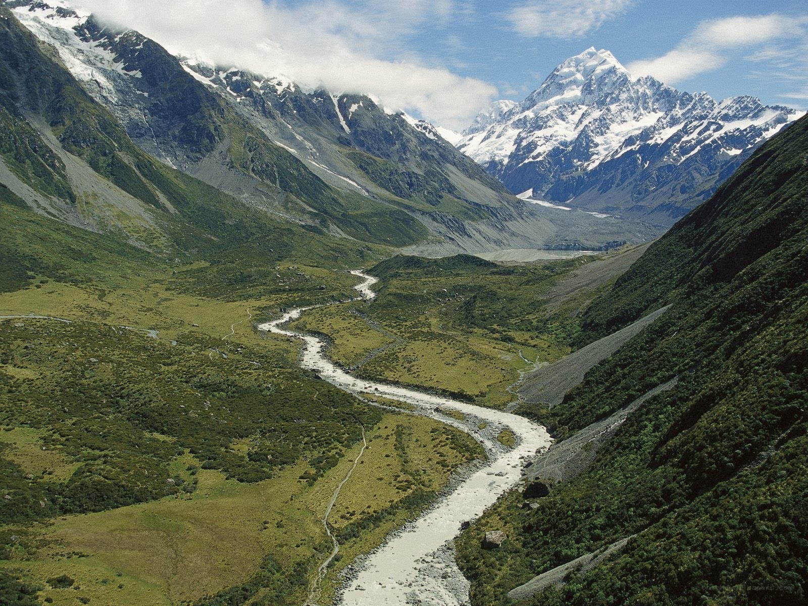river valley with snow-capped mountains