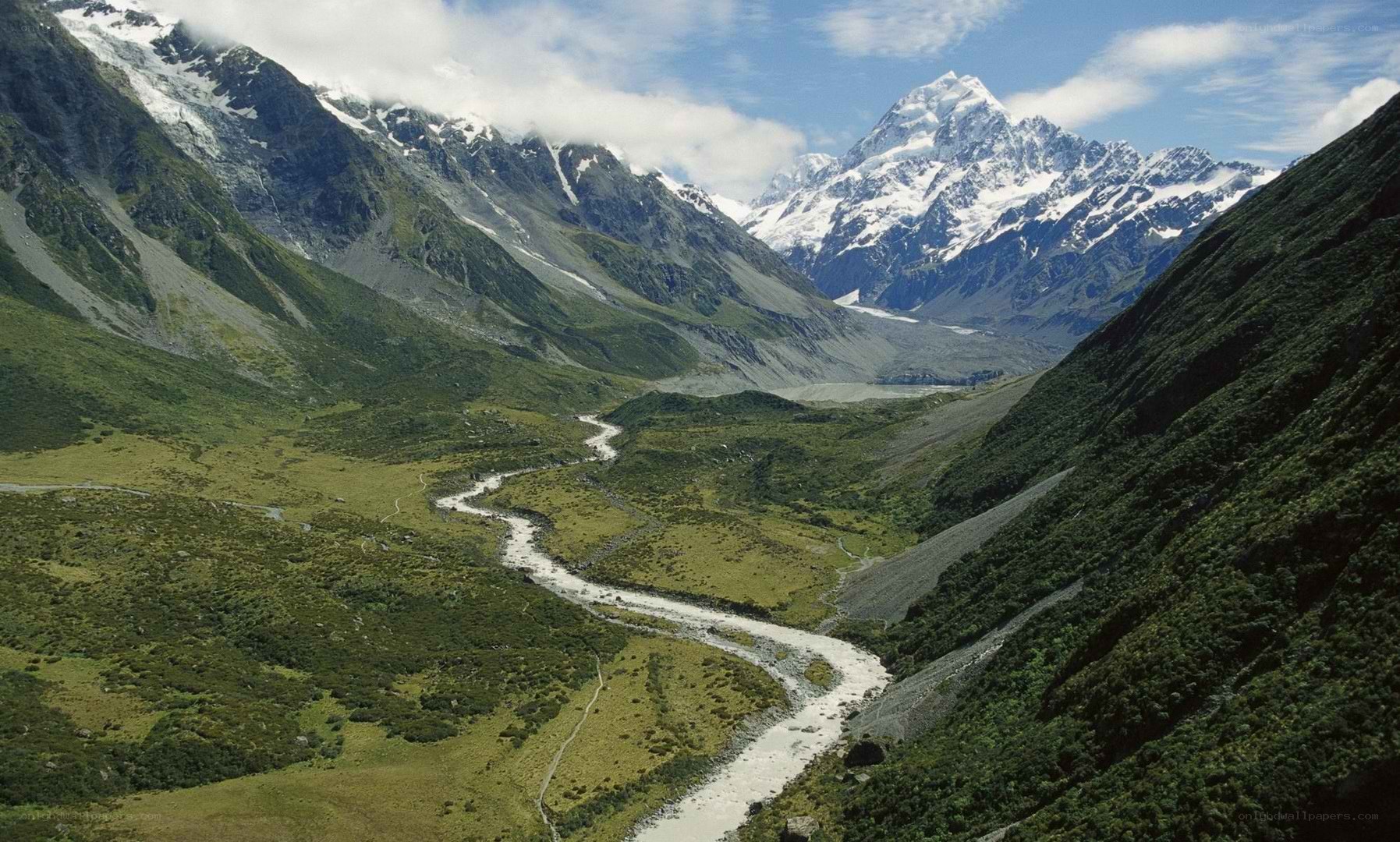 river valley with snow-capped mountains