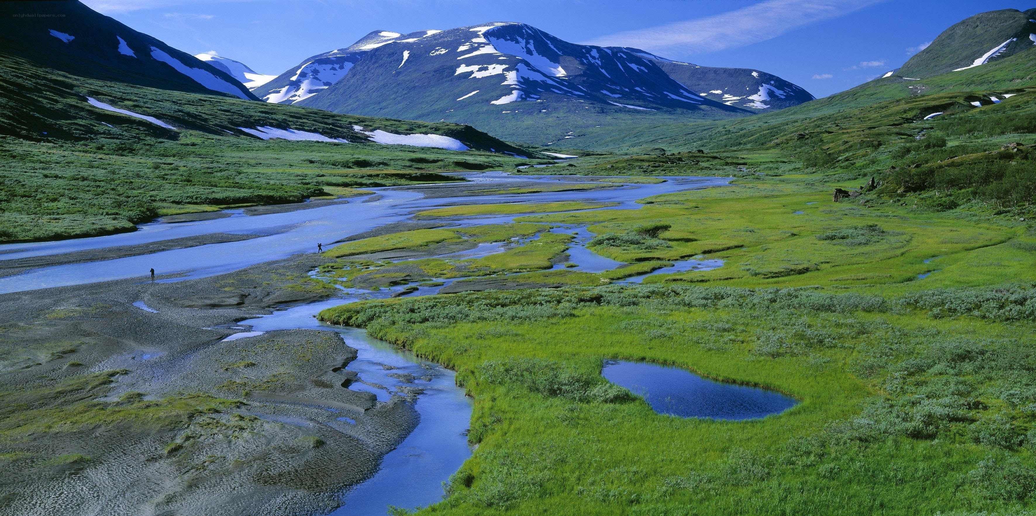 River valley with snow-capped mountains