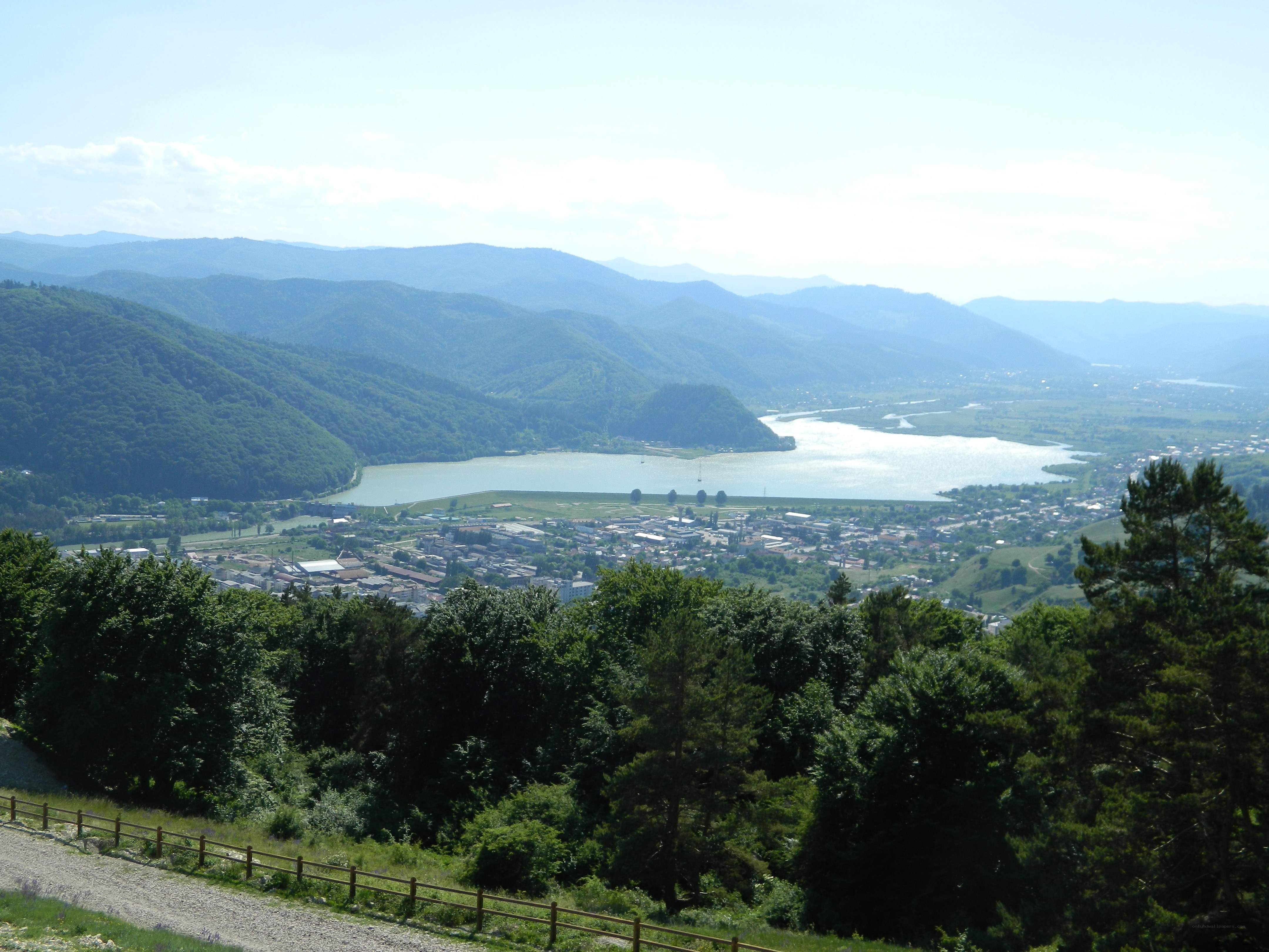 River valley with town and mountains