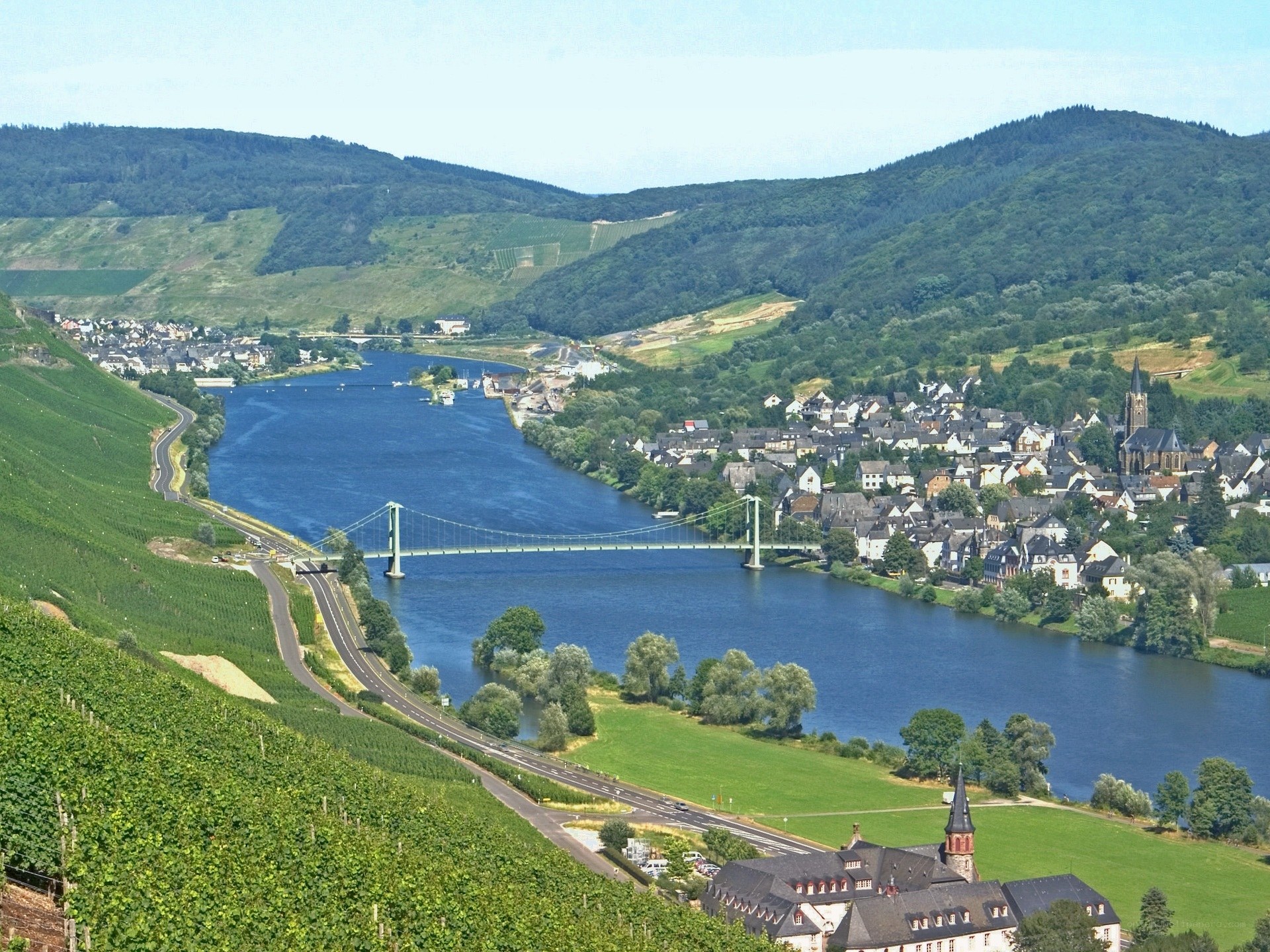 River valley with vineyards and bridge