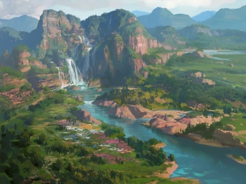 River Valley with Waterfalls — Green, Serene