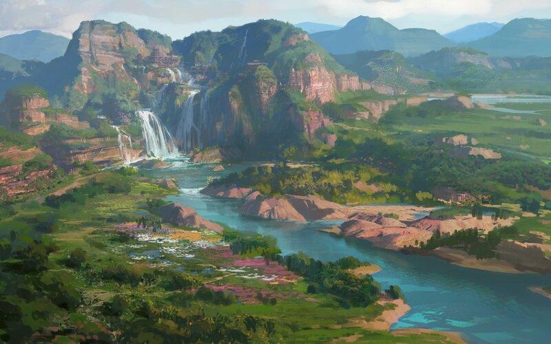 River Valley with Waterfalls — Green