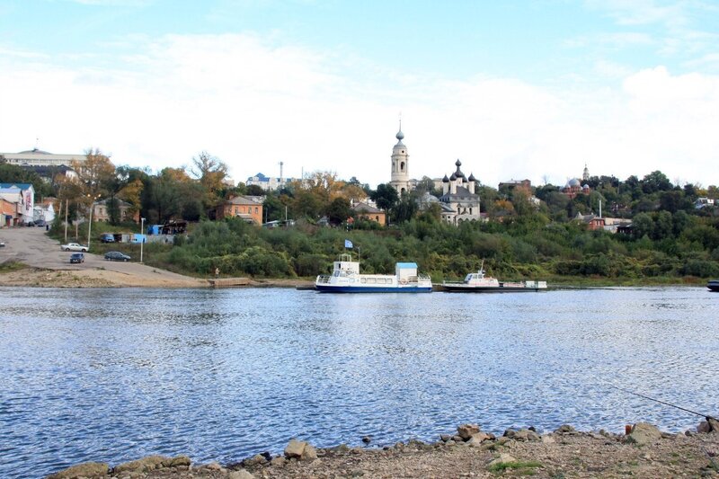 River view of a town with church