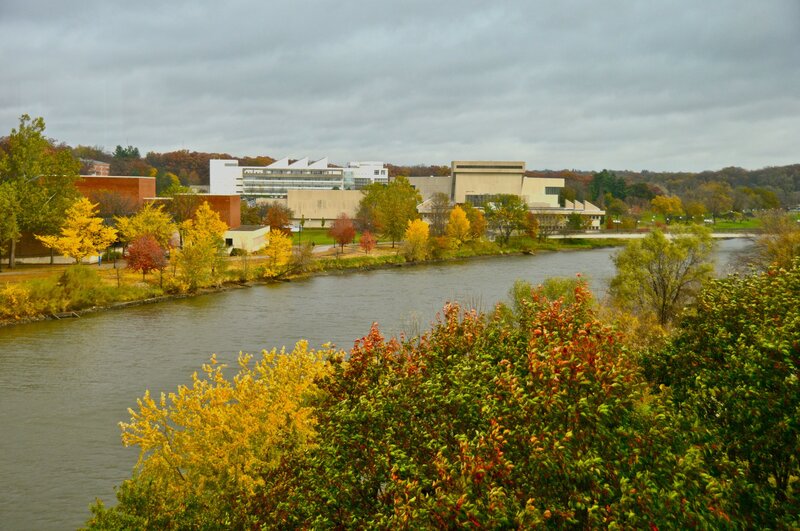River view of campus in autumn