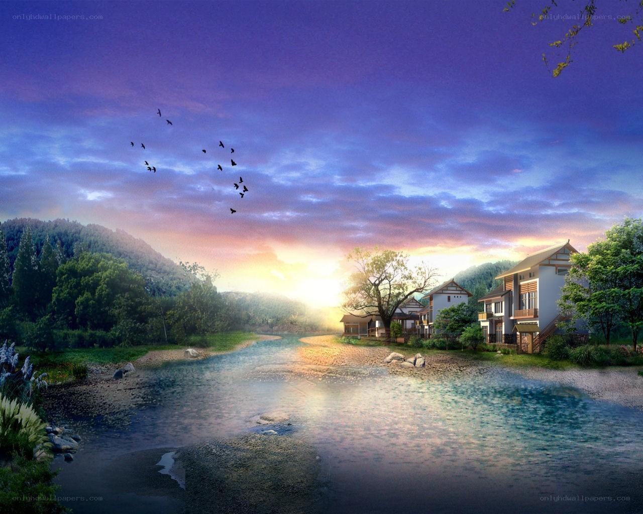 River village at sunset
