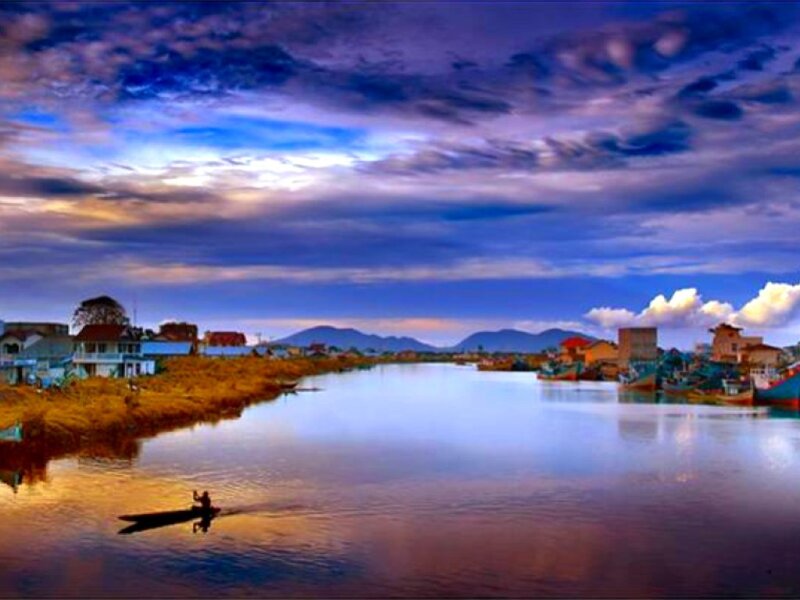 River village at sunset