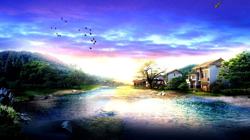 River Village at Sunset — Blue, Serene
