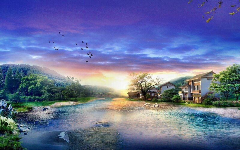 River Village at Sunset — Blue