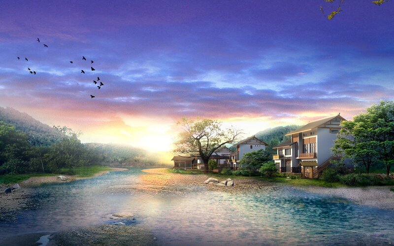 River Village at Sunset — Purple, Serene, Digital Art