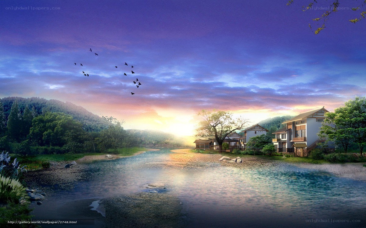 River village at sunset