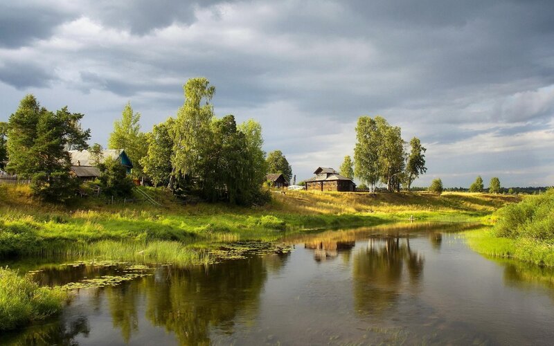 River Village Landscape — Green, Dramatic, Afternoon, Photograph, Houses