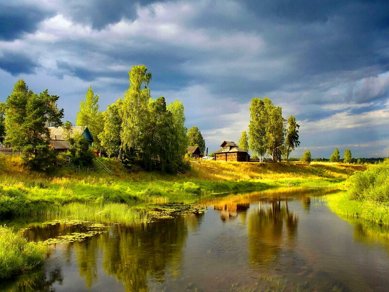 River Village Landscape — Green, Dramatic, Afternoon