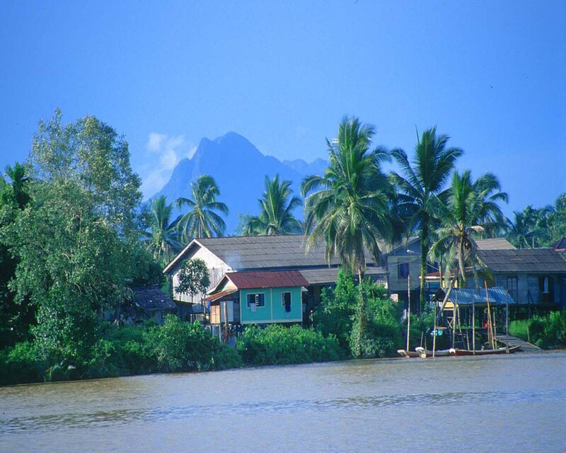 River Village with Mountains — Blue
