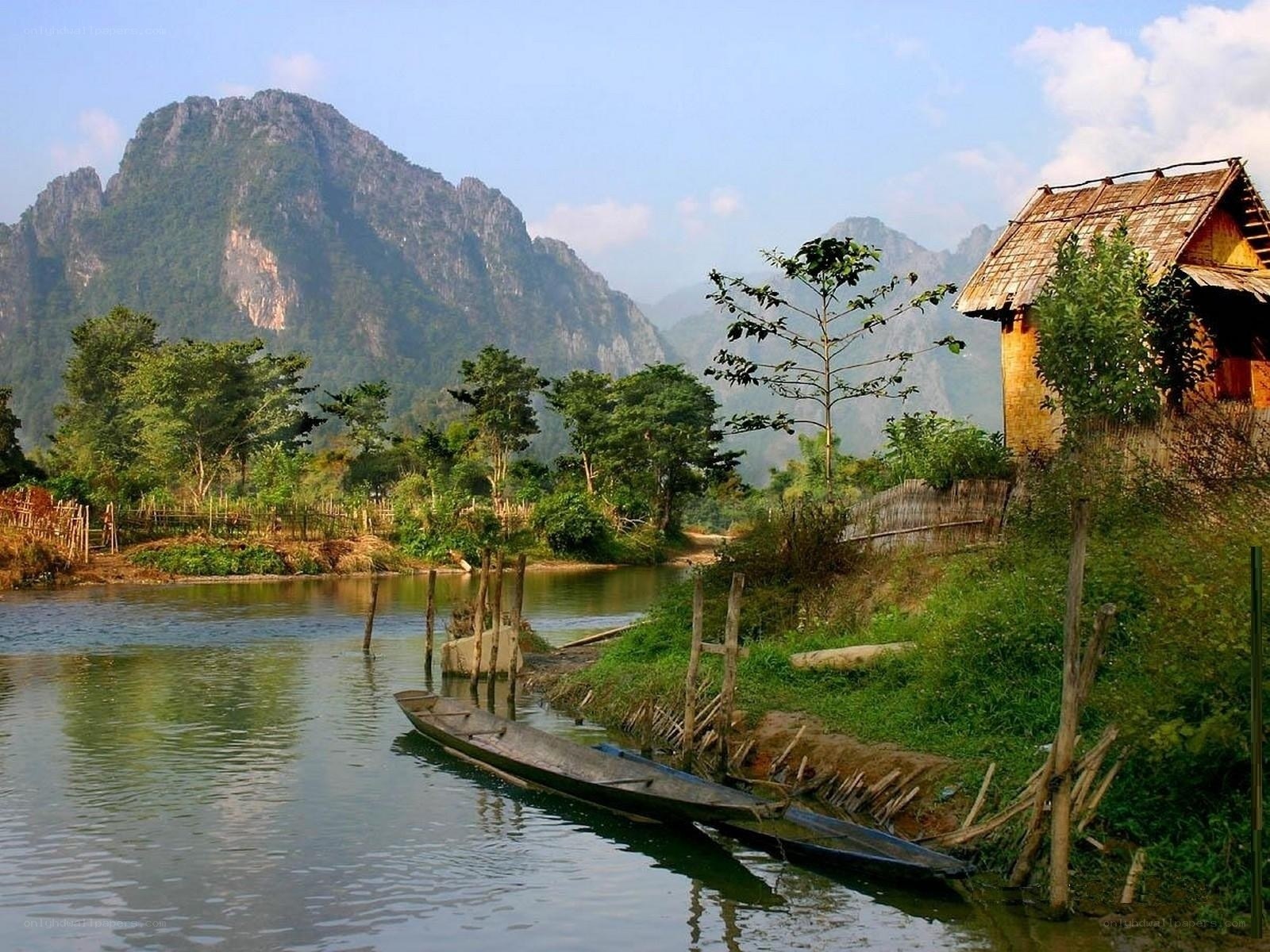 River village with mountains