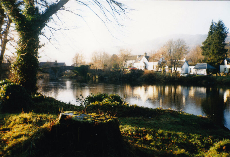 River village with stone bridge