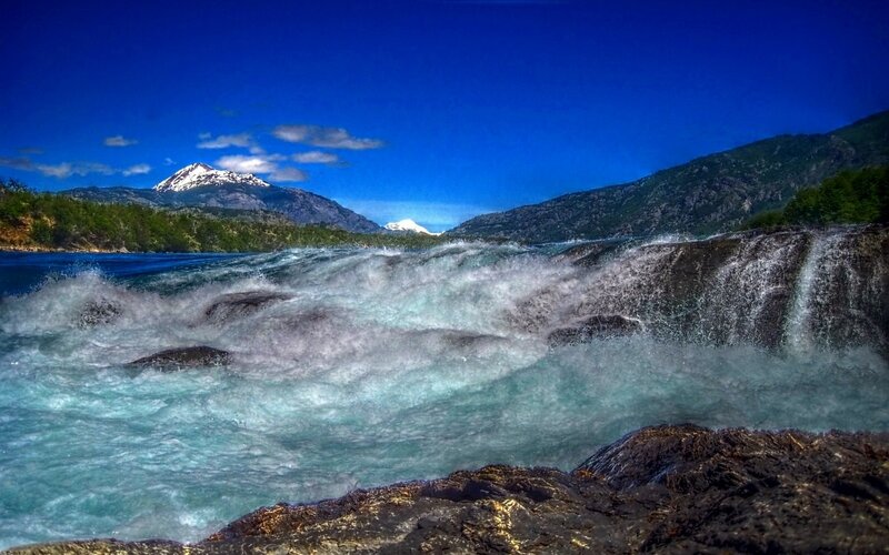 River Waterfall and Mountains — Blue
